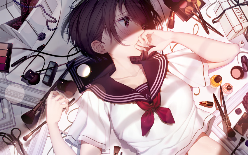 1girl atha_(leejuiping) bangs black_sailor_collar blush breasts brown_eyes brown_hair collarbone commentary_request crop_top dutch_angle eyebrows_visible_through_hair fingernails hair_between_eyes hand_to_own_mouth hands_up highres lipstick lipstick_tube looking_away looking_to_the_side lying makeup makeup_brush mascara_wand navel neckerchief on_back original red_neckwear sailor_collar school_uniform scissors serafuku shirt small_breasts solo white_shirt