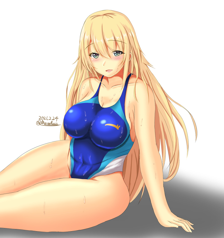 1girl alternate_costume aqua_swimsuit atago_(kancolle) blonde_hair blue_swimsuit breasts collarbone competition_swimsuit covered_navel dated eyebrows_visible_through_hair green_eyes hair_between_eyes highres kantai_collection large_breasts long_hair looking_at_viewer montemasa multicolored multicolored_clothes multicolored_swimsuit one-piece_swimsuit open_mouth shadow signature sitting smile solo swimsuit twitter_username white_background white_swimsuit