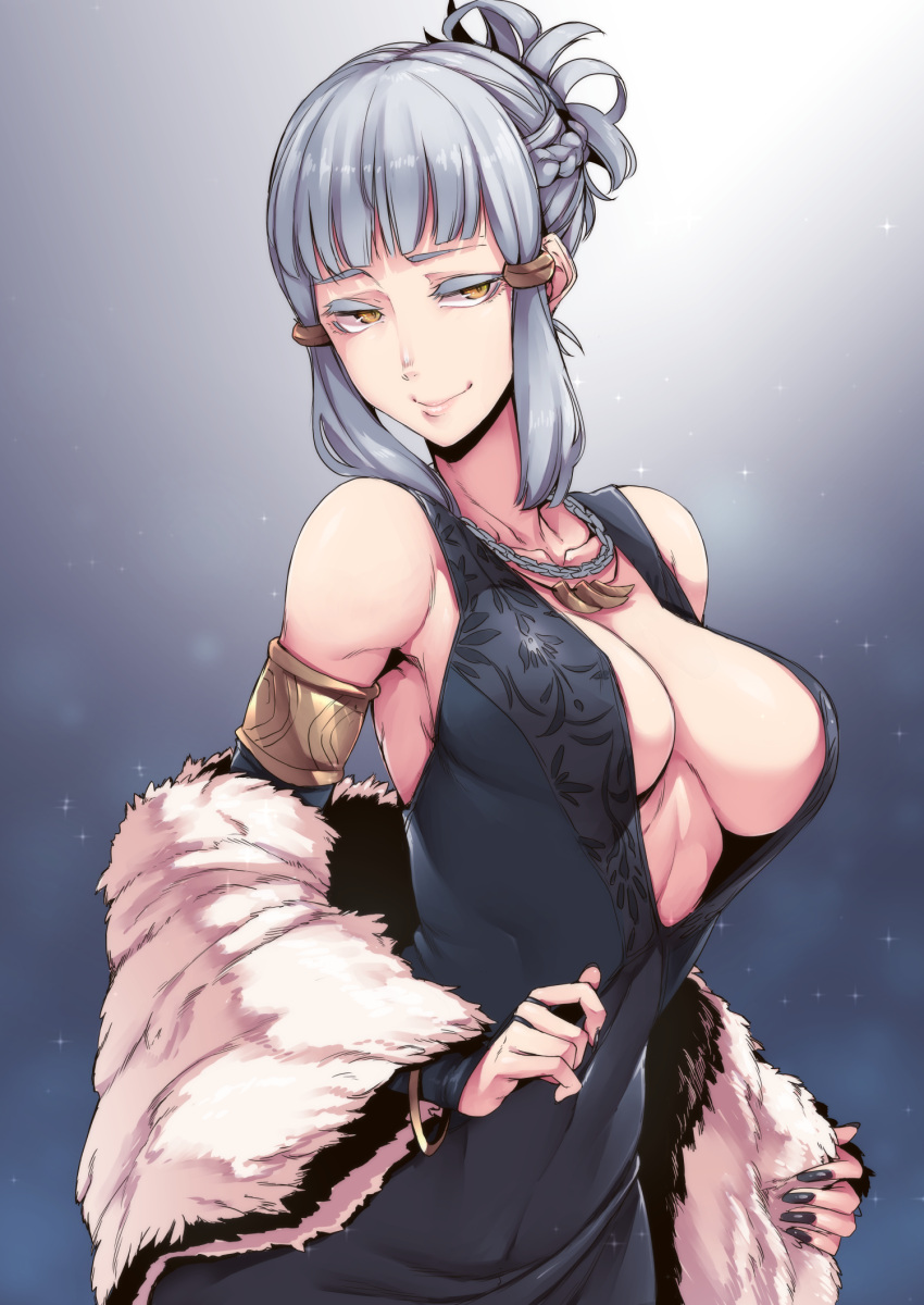 1girl bare_shoulders braid breasts dress fate/grand_order fate_(series) french_braid fur_coat gradient gradient_background grey_background highres jewelry large_breasts long_hair nail_polish nakamura_regura necklace penthesilea_(fate/grand_order) sidelocks silver_hair smile upper_body yellow_eyes