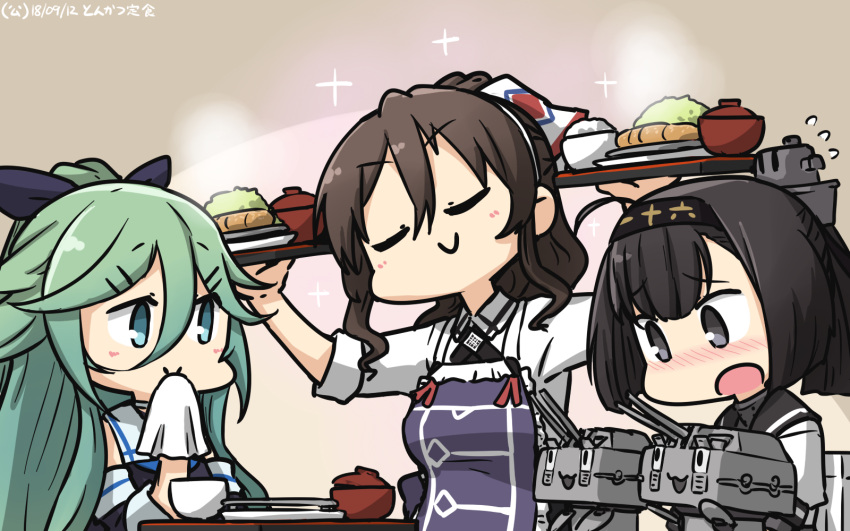 3girls :3 ahoge akizuki_(kantai_collection) apron aqua_eyes ashigara_(kantai_collection) bangs bare_shoulders blush bowl brown_hair carrying chou-10cm-hou-chan closed_eyes closed_mouth commentary_request dated detached_sleeves embarrassed flying_sweatdrops food green_hair hair_between_eyes hair_ribbon hairband hamu_koutarou highres kantai_collection long_hair multiple_girls napkin open_mouth plate ponytail purple_apron ribbon rice school_uniform serafuku short_hair sleeves_rolled_up smile sparkle translated tray very_long_hair yamakaze_(kantai_collection)