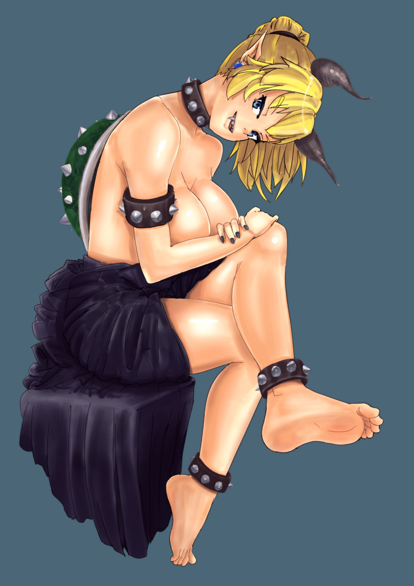 1girl barefoot black_dress blonde_hair blue_background blue_eyes bowsette bracelet breasts cleavage collar dress dress_pull earrings fang feet hadashiraisu highres horns invisible_chair jewelry large_breasts legs_crossed long_hair looking_at_viewer super_mario_bros. nail_polish new_super_mario_bros._u_deluxe nintendo pointy_ears ponytail sharp_teeth shiny shiny_hair simple_background sitting smile soles solo spiked_armlet spiked_bracelet spiked_collar spiked_shell spikes teeth turtle_shell