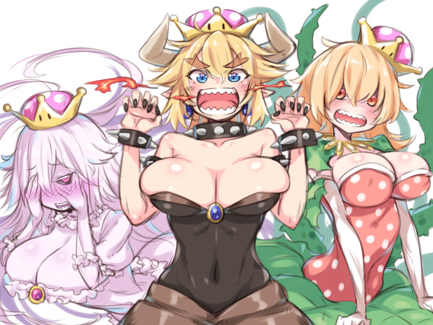3girls :d black_nails black_sclera blonde_hair blue_eyes blush bowsette bracelet breasts breathing_fire claw_pose cleavage collar collarbone commentary_request covered_navel covering_face crown earrings esoragoto eyebrows_visible_through_hair fire forked_eyebrows frills highres horns jewelry large_breasts long_hair looking_at_viewer luigi's_mansion super_mario_bros. multiple_girls nail_polish navel new_super_mario_bros._u_deluxe nintendo nose_blush open_mouth orange_eyes peeking_through_fingers pink_eyes piranha_plant plant plant_girl pointy_ears polka_dot princess_king_boo puffy_short_sleeves puffy_sleeves sharp_teeth short_hair short_sleeves smile spiked_armlet spiked_bracelet spiked_collar spikes super_crown teeth thorns v-shaped_eyebrows vines white_hair