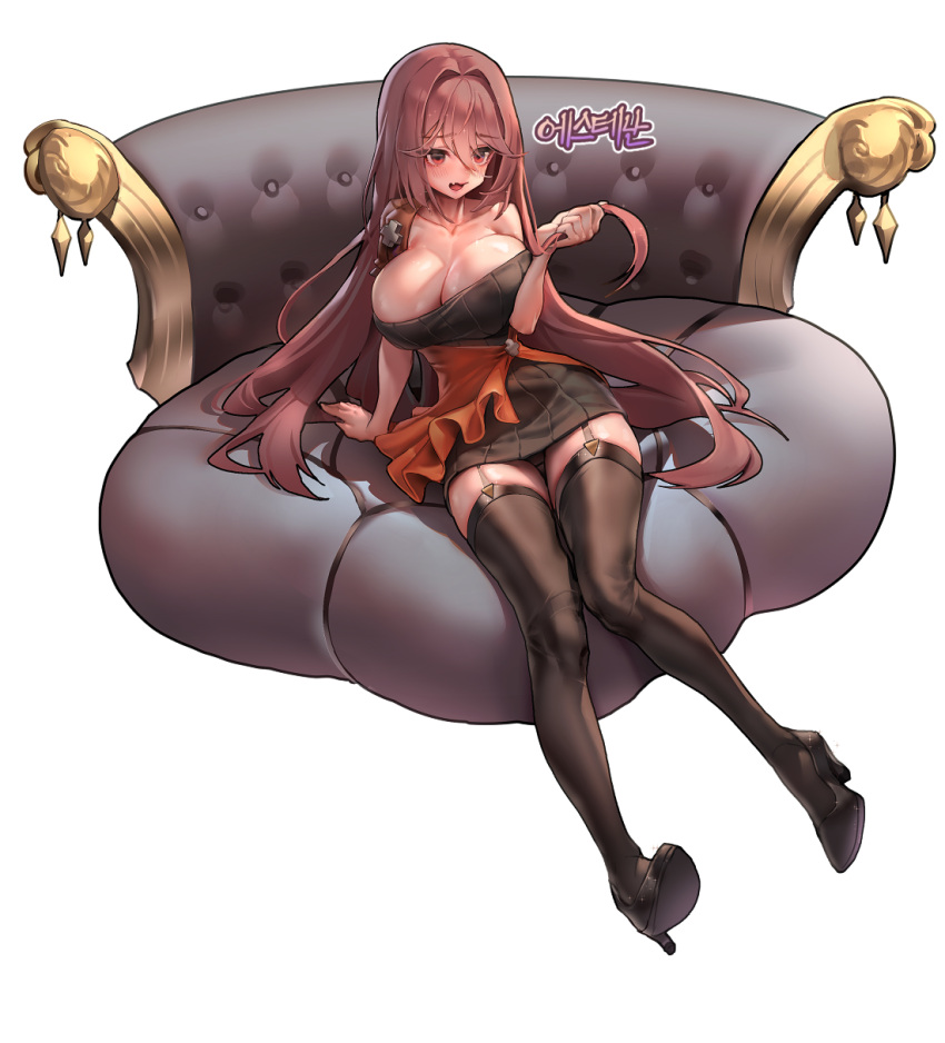 1girl arm_support bangs bare_shoulders black_dress black_footwear black_legwear blush breasts cleavage collarbone commission couch dress eyebrows_visible_through_hair fang frilled_sash garter_straps hair_between_eyes hair_intakes high_heels highres holding holding_hair korean large_breasts long_hair muloli open_mouth original pink_hair red_eyes ribbed_dress sash shiny shiny_skin simple_background sitting sitting_on_object smile solo strapless strapless_dress thigh-highs very_long_hair white_background zettai_ryouiki