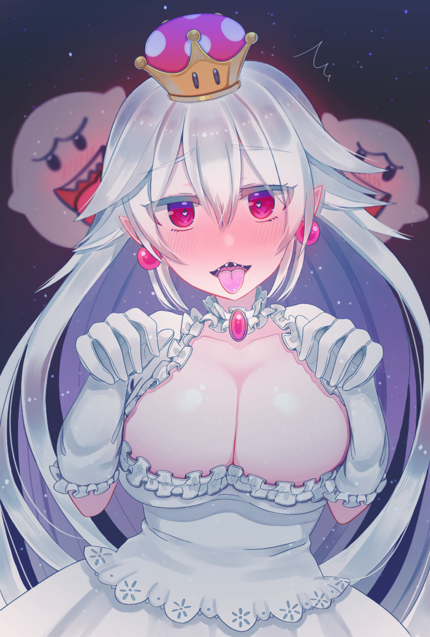 /\/\/\ 1girl :d absurdres ancolatte_(onikuanco) blush boo breasts brooch cleavage commentary_request crown dress ear_blush earrings eyebrows_visible_through_hair eyes_visible_through_hair frilled_dress frills ghost_pose gloves hair_between_eyes heart heart_in_eye highres jewelry large_breasts long_hair looking_at_viewer luigi's_mansion super_mario_bros. new_super_mario_bros._u_deluxe nintendo open_mouth pink_eyes pointy_ears princess_king_boo sharp_teeth smile super_crown symbol_in_eye teeth tongue tongue_out white_dress white_gloves white_hair