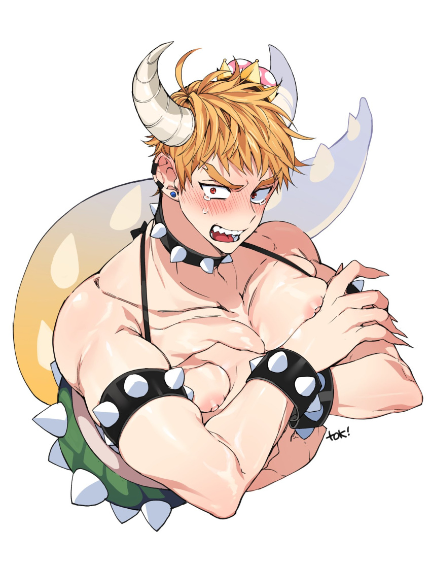 1boy blush bowsette covering covering_chest cropped_torso embarrassed genderswap genderswap_(ftm) halterneck highres horns looking_at_viewer male_focus super_mario_bros. muscle new_super_mario_bros._u_deluxe nintendo nipples pectorals sharp_teeth solo spiked_shell spiked_tail super_crown tail teeth white_background