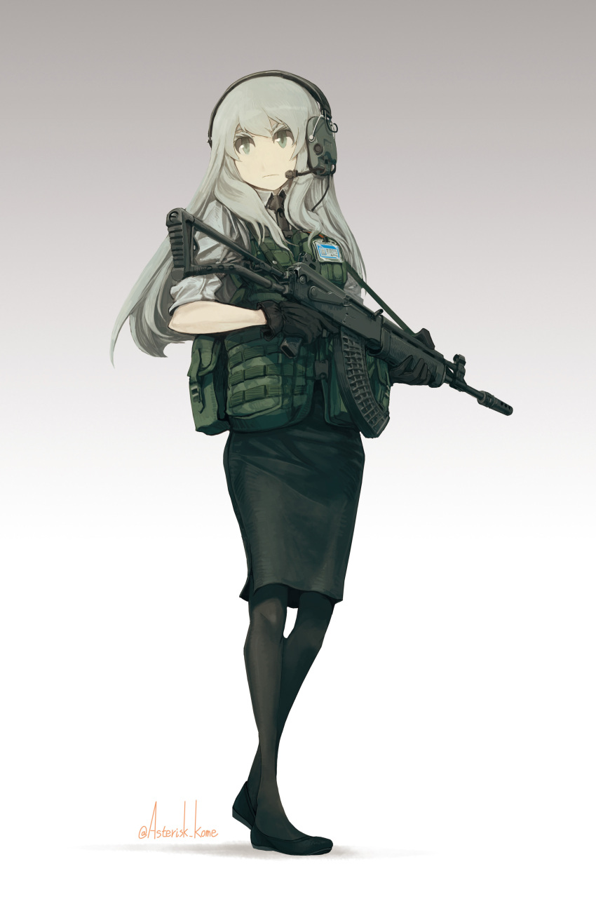 1girl absurdres assault_rifle asterisk_kome commentary full_body gloves green_eyes gun headset highres holding holding_gun holding_weapon id_card load_bearing_vest long_hair necktie original pantyhose pencil_skirt rifle rk95 silver_hair skirt solo weapon white_background