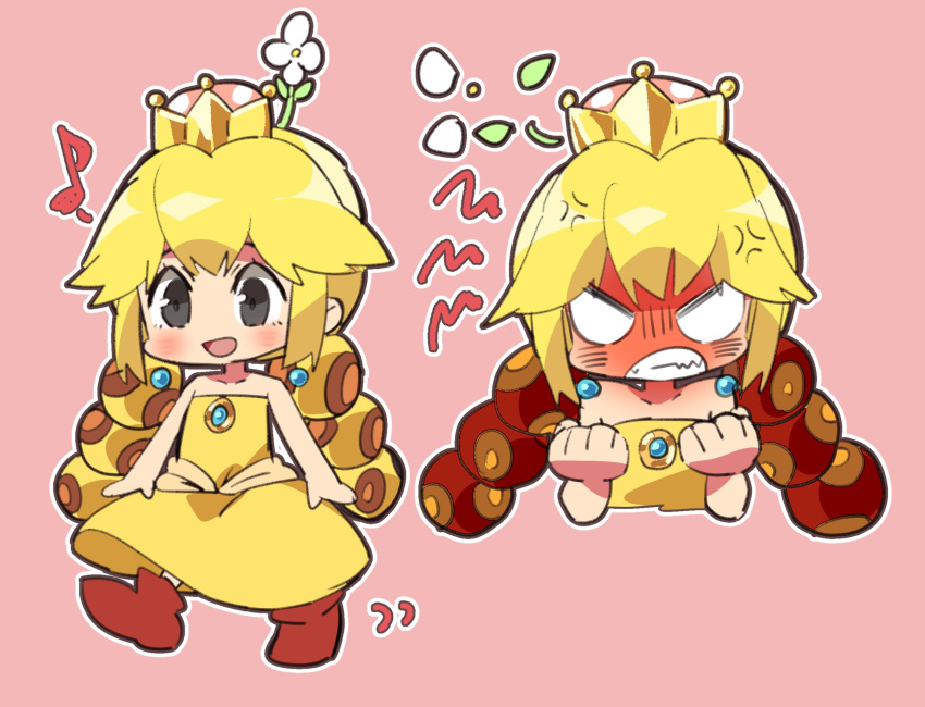 1girl :d anger_vein angry bangs bare_arms bare_shoulders blonde_hair blush brooch chibi clenched_hands clenched_teeth crown dress earrings flat_chest flower grey_eyes highres jewelry long_hair super_mario_bros. motion_lines musical_note new_super_mario_bros._u_deluxe nintendo no_nose open_mouth outline pink_background red_footwear sanzui smile solo strapless strapless_dress super_crown super_mario_bros. teeth twintails walking white_flower white_outline wiggler yellow_dress