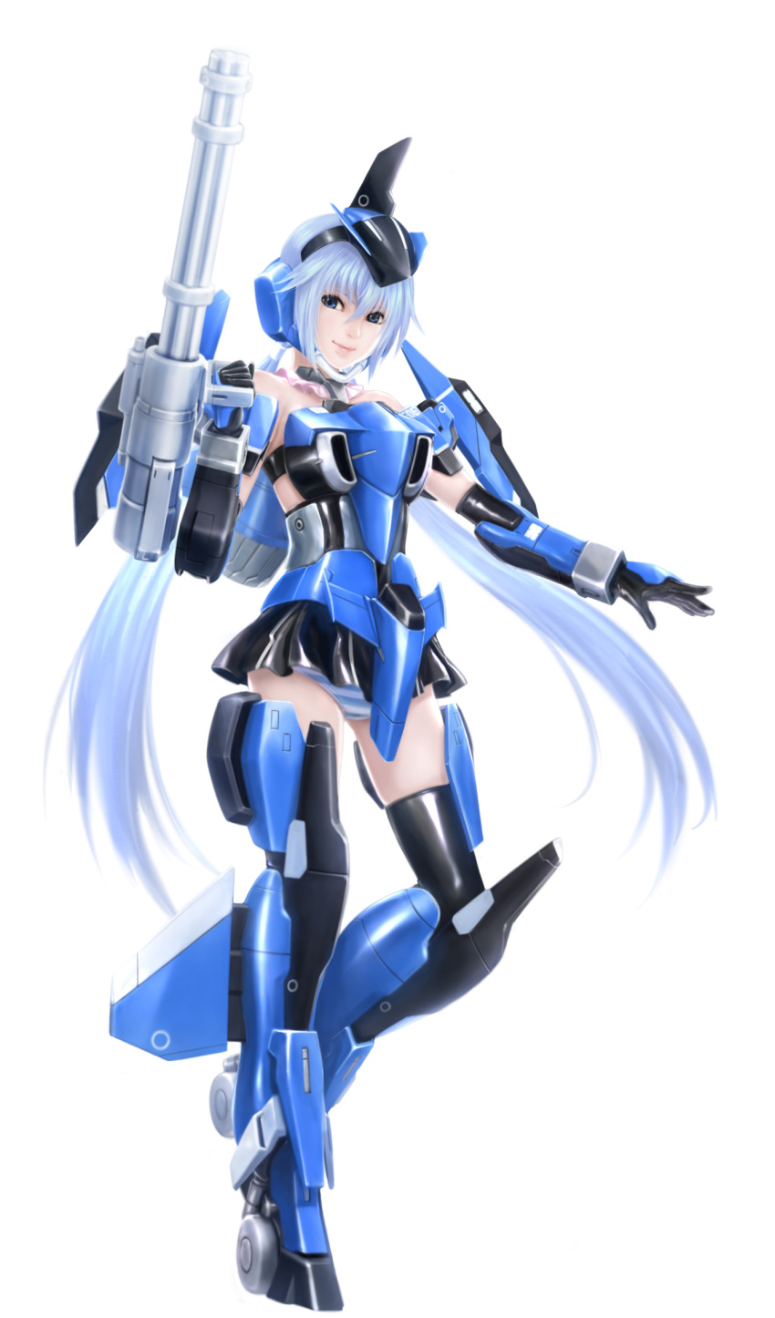 1girl absurdres blue_eyes blue_hair eblmeka firearm frame_arms_girl full_body gatling_gun gun highres long_hair looking_at_viewer mecha_musume simple_background smile solo stylet twintails weapon white_background