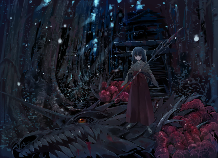 1girl bangs black_hair blood blood_on_face bloody_clothes bloody_weapon blunt_bangs commentary_request dragon forest full_body hakama holding holding_spear holding_weapon japanese_clothes long_hair long_sleeves matsumoto_noriyuki miko nature night original outdoors polearm red_hakama sandals spear standing tabi temple vambraces violet_eyes weapon wide_sleeves yellow_eyes