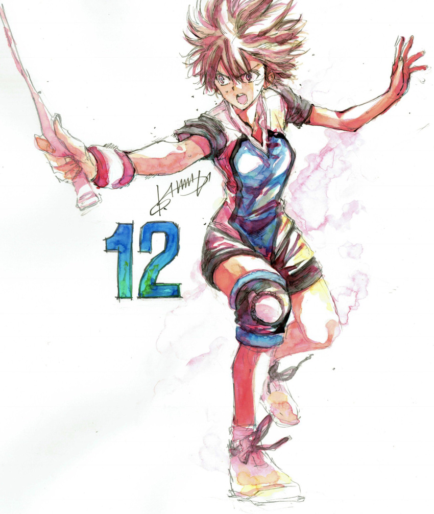 1girl aragaki_nagisa badminton_racket bodysuit brown_eyes brown_hair commentary_request full_body hamada_kousuke hanebado! highres knee_brace open_mouth racket shoes short_hair sneakers solo wristband