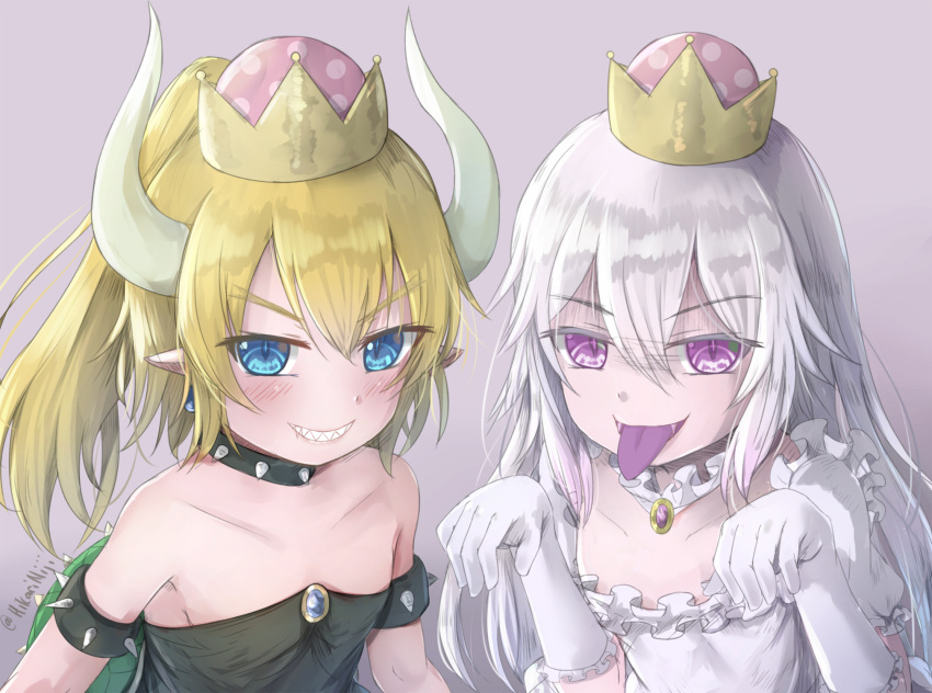 2girls armlet bangs black_dress blonde_hair blue_eyes blush bowsette breasts brown_background collar commentary crown dress elbow_gloves english_commentary eyebrows_visible_through_hair fangs frilled_dress frilled_gloves frills gloves gradient gradient_background grey_background grin hair_between_eyes hands_up highres hikari_niji horns long_hair looking_at_viewer luigi's_mansion super_mario_bros. mini_crown multiple_girls new_super_mario_bros._u_deluxe nintendo pointy_ears ponytail princess_king_boo puffy_short_sleeves puffy_sleeves sharp_teeth short_sleeves silver_hair small_breasts smile spiked_armlet spiked_collar spikes strapless strapless_dress super_crown teeth tongue tongue_out twitter_username v-shaped_eyebrows very_long_hair violet_eyes white_dress white_gloves younger