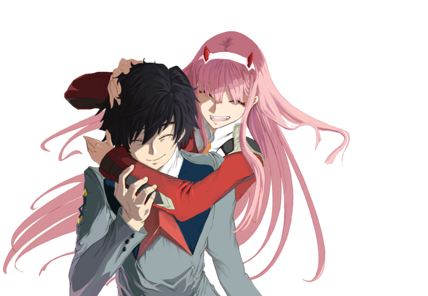 1boy 1girl bangs black_hair closed_eyes commentary_request couple darling_in_the_franxx fangs floating_hair hair_ornament hairband hand_on_another's_arm hand_on_another's_head hetero hiro_(darling_in_the_franxx) horns hug hug_from_behind long_hair long_sleeves military military_uniform necktie oni_horns orange_neckwear pink_hair red_horns red_neckwear uniform user_akmu8832 white_hairband zero_two_(darling_in_the_franxx)