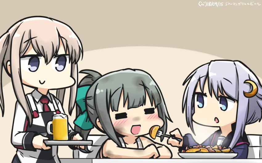 3girls alcohol apron beer beer_mug black_gloves black_serafuku blonde_hair blue_shirt bow closed_eyes commentary_request crescent crescent_hair_ornament dated feeding gloves graf_zeppelin_(kantai_collection) green_bow grey_eyes grey_hair hair_between_eyes hair_bow hair_ornament hamu_koutarou hat highres kantai_collection military military_uniform multiple_girls peaked_cap ponytail purple_hair red_neckwear school_uniform serafuku shirt short_hair short_hair_with_long_locks sidelocks tsurime twintails undershirt uniform upper_body white_shirt yayoi_(kantai_collection) yuubari_(kantai_collection)