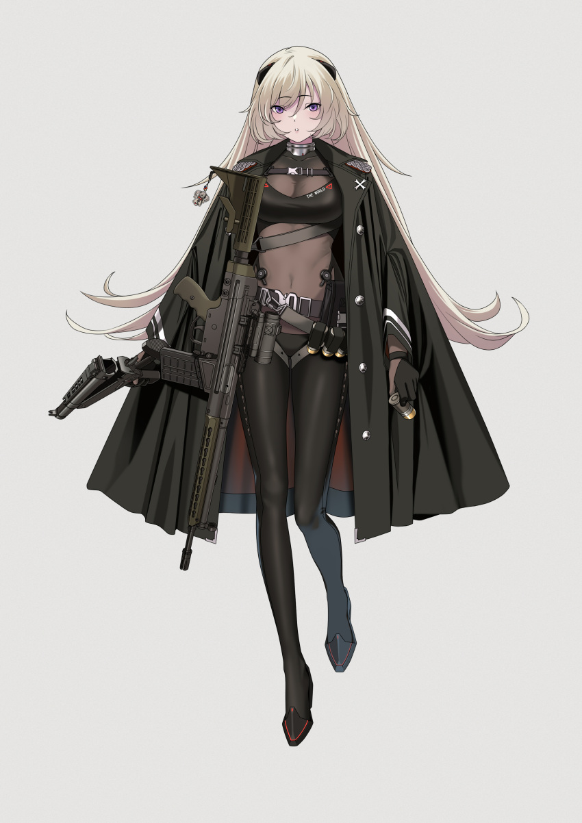 1girl absurdres alternate_costume bangs battle_rifle belt black_bra black_jacket black_legwear blonde_hair bra breasts dress explosive eyebrows_visible_through_hair g3_(girls_frontline) girls_frontline grenade grenade_launcher gun h&amp;k_g3 hair_ornament highres holding jacket jewelry leggings long_hair looking_at_viewer navel open_mouth rifle solo underwear very_long_hair violet_eyes weapon yitiao_er-hua