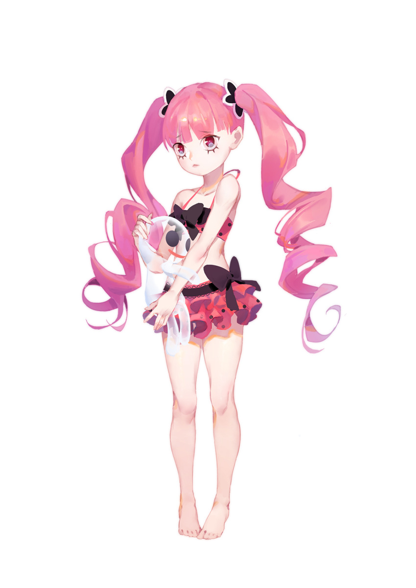 1girl :&lt; bandage bangs barefoot bikini bikini_skirt blunt_bangs bow breasts child cleavage collarbone drill_hair dywx_poison eyebrows_visible_through_hair floating_hair full_body ghost hair_bow highres holding layered_skirt long_hair looking_at_viewer makeup medium_breasts navel one_piece perona pigeon-toed pink_hair polka_dot polka_dot_bikini purple_bow red_bikini red_eyes red_lips red_skirt simple_background skirt solo standing swimsuit twin_drills very_long_hair white_background younger