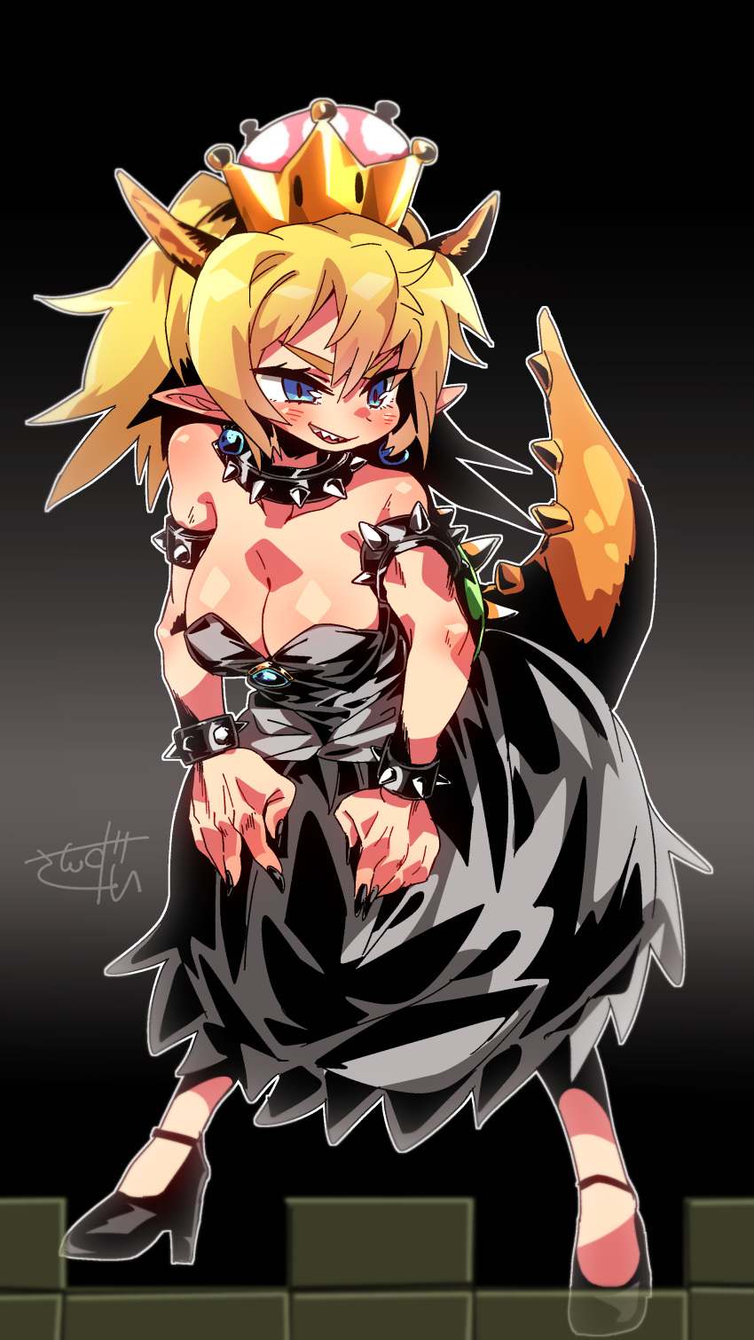 1girl :d absurdres armlet bare_shoulders black_collar black_dress black_footwear black_nails bowsette bracelet breasts cleavage collar dress earrings fingernails full_body genderswap genderswap_(mtf) high_heels highres horns jewelry large_breasts super_mario_bros. nail_polish new_super_mario_bros._u_deluxe nintendo open_mouth pointy_ears sanzui sharp_teeth shoes smile solo spiked_bracelet spiked_collar spikes strapless strapless_dress super_crown super_mario_bros. tail tail_raised teeth turtle_shell
