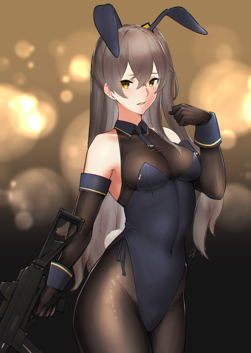 1girl alternate_breast_size alternate_costume animal_ears bangs bare_shoulders black_leotard blurry blurry_background blush bow bowtie breasts brown_hair bunny_girl bunny_tail bunnysuit cleavage covered_navel cowboy_shot crossed_bangs detached_collar elbow_gloves eyebrows_visible_through_hair fake_animal_ears girls_frontline gloves gun h&amp;k_ump h&amp;k_ump45 hair_between_eyes hair_ornament hand_up hayabusa heckler_&amp;_koch highres holding holding_gun holding_weapon leotard long_hair looking_at_viewer medium_breasts one_side_up open_mouth pantyhose rabbit_ears scar scar_across_eye sidelocks solo submachine_gun tail ump45_(girls_frontline) weapon wrist_cuffs yellow_eyes