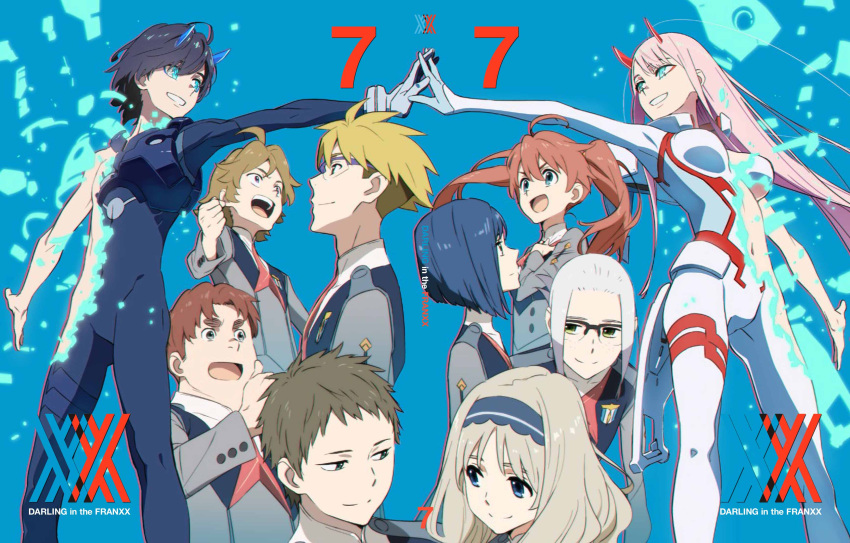 5boys 5girls absurdres ahoge bangs black_bodysuit black_hair blonde_hair blue_eyes blue_hair blue_horns bodysuit breasts brown_hair commentary_request copyright_name couple darling_in_the_franxx futoshi_(darling_in_the_franxx) glasses gloves gorou_(darling_in_the_franxx) green_eyes hair_ornament hairband hand_on_own_chest hand_up hetero high_ponytail highres hiro_(darling_in_the_franxx) horns ichigo_(darling_in_the_franxx) ikuno_(darling_in_the_franxx) light_brown_hair long_hair long_sleeves looking_at_another medium_breasts miku_(darling_in_the_franxx) military military_uniform mitsuru_(darling_in_the_franxx) multiple_boys multiple_girls navel necktie official_art oni_horns pilot_suit pink_hair ponytail purple_hairband red_horns red_neckwear redhead short_hair silver_hair tanaka_masayoshi thick_eyebrows torn_bodysuit torn_clothes twintails uniform white_bodysuit white_gloves yellow_eyes zero_two_(darling_in_the_franxx) zorome_(darling_in_the_franxx)