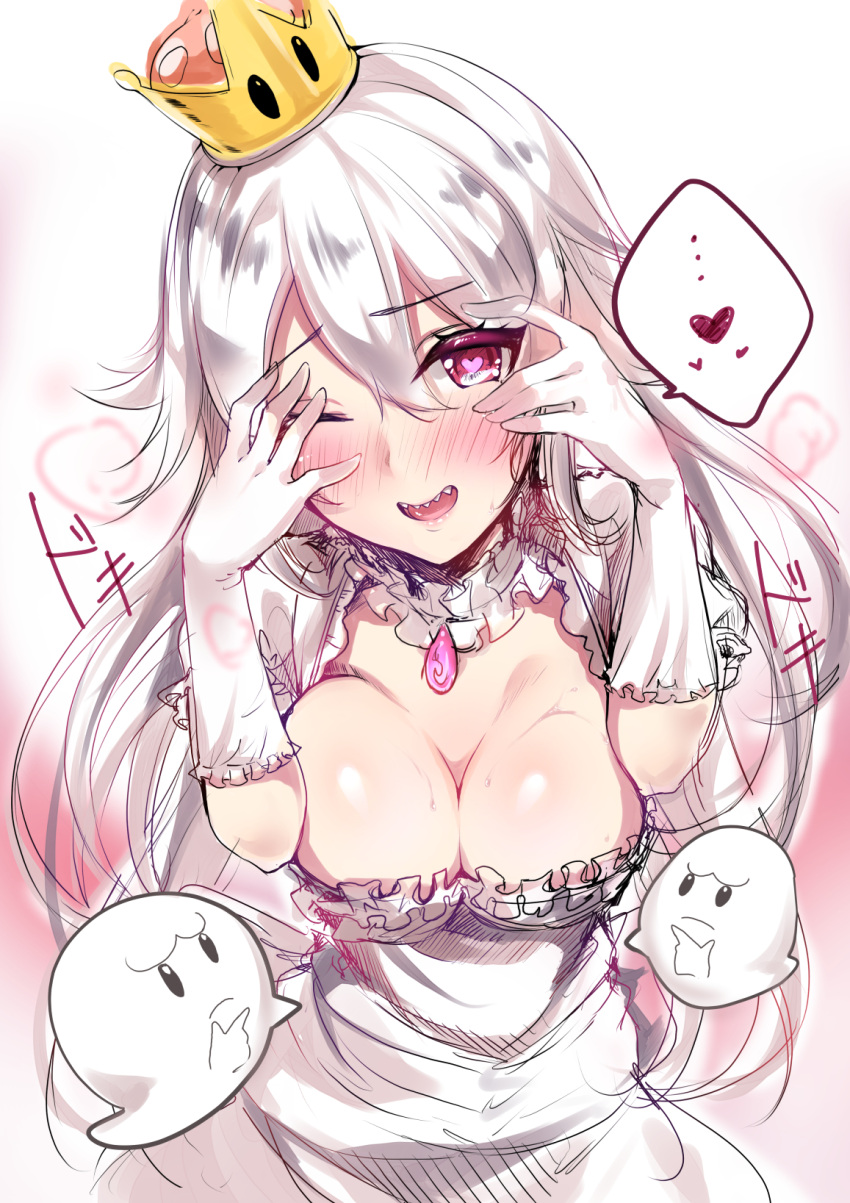 1girl blush boo breasts cleavage covering_eyes crown dress frilled_gloves frills ghost gloves hair_between_eyes heart heart-shaped_pupils highres large_breasts long_hair luigi's_mansion super_mario_bros. murabito_c new_super_mario_bros._u_deluxe nintendo one_eye_closed open_mouth princess_king_boo puffy_short_sleeves puffy_sleeves red_eyes sharp_teeth short_sleeves super_crown super_mario_bros. symbol-shaped_pupils teeth white_dress white_gloves white_hair