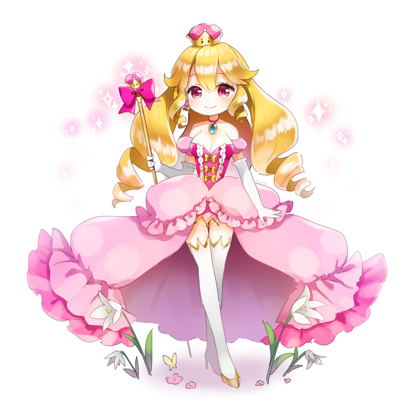 1girl blonde_hair breasts cleavage commentary_request crownette dress flower full_body highres jewelry looking_at_viewer marchen_noir super_mario_bros. necklace new_super_mario_bros._u_deluxe nintendo personification pink_eyes simple_background solo staff super_crown thigh-highs white_background