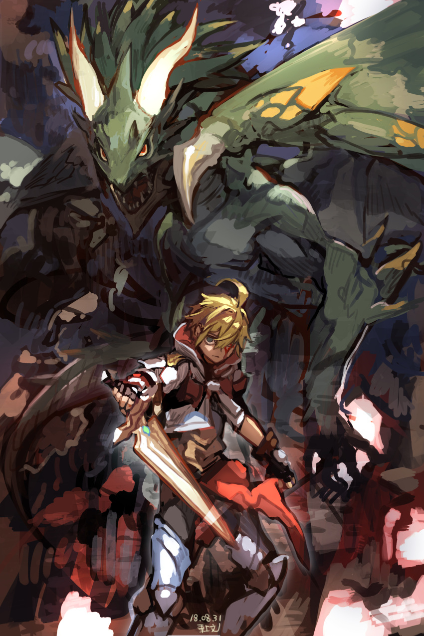 1boy absurdres ahoge bleeding blonde_hair blood commentary commentary_request dragalia_lost dragon fantasy highres holding holding_sword holding_weapon horns protagonist_(dragalia_lost) sword toujou_bun weapon wings