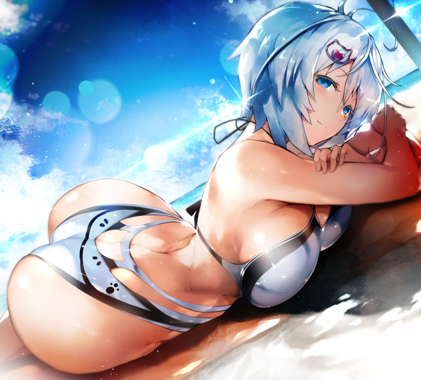 1girl alternate_costume antenna_hair ass bangs bare_shoulders beach bikini blue_eyes blue_sky blush breasts butt_crack clouds crossed_arms curvy day dennou_shoujo_youtuber_shiro eyebrows_visible_through_hair hair_between_eyes hair_ornament highres hips huge_ass large_breasts light_smile looking_at_viewer lying nishiide_kengorou ocean on_stomach outdoors sand shiro_(dennou_shoujo_youtuber_shiro) short_hair sidelocks silver_hair sky smile solo sunlight swimsuit virtual_youtuber wide_hips