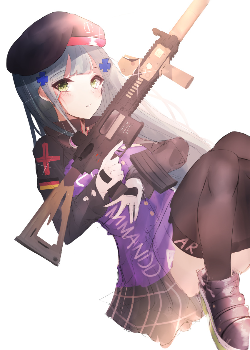 1girl absurdres ankle_boots ar-15 assault_rifle bangs beret black_footwear black_hat black_legwear black_skirt blunt_bangs blush boots commentary eotech eyebrows_visible_through_hair girls_frontline gloves goggles goggles_around_neck green_eyes grey_hair gun hair_ornament hat heckler_&amp;_koch high_collar highres hk416 hk416_(girls_frontline) holding holding_gun holding_weapon jacket long_hair long_sleeves looking_at_viewer military military_uniform parted_lips pleated_skirt purple_jacket rifle silver_hair simple_background skirt solo sparkle thigh-highs thighs trigger_discipline uniform weapon white_background white_gloves yanggang