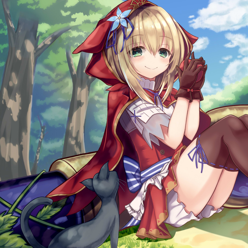 1girl apple black_cat black_legwear blonde_hair bloomers brown_gloves cape cat clouds flower food forest fruit gloves green_eyes grimms_notes highres holding hood knees_up little_red_riding_hood little_red_riding_hood_(grimm) long_hair miniskirt nature nishina_kakeri red_cape red_hood red_skirt ribbon shirt sitting skirt sky smile thigh-highs tree underwear white_shirt