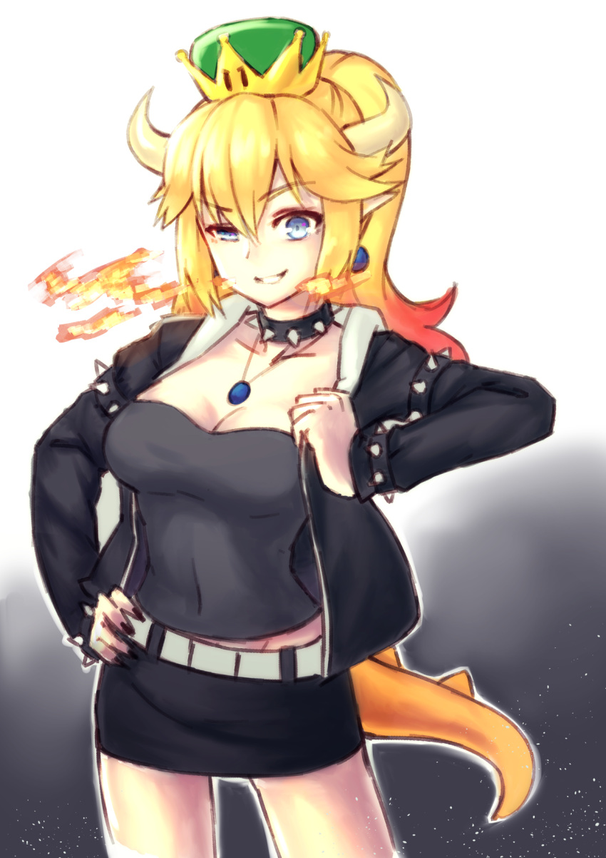 1girl alternate_costume bangs belt black_background black_jacket black_shirt black_skirt blonde_hair bowsette bracelet breasts cleavage collar contemporary covered_navel cowboy_shot earrings gradient gradient_background hand_on_hip highres hips hood hood_down hooded_jacket horns impossible_clothes impossible_shirt jacket jewelry light_particles long_ponytail looking_at_viewer super_mario_bros. miniskirt multicolored_hair necklace new_super_mario_bros._u_deluxe nintendo open_clothes open_jacket pendant pointy_ears ponytail raised_eyebrow redhead shiny shiny_hair shirt sidelocks skirt small_breasts solo spiked_bracelet spiked_collar spiked_tail spikes streaked_hair super_crown thighs tight_shirt white_background youryokuso_(chlorophyll)