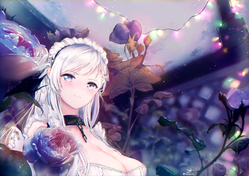 1girl azur_lane bangs belfast_(azur_lane) blue_eyes blurry blush braid breasts chains cleavage clouds cloudy_sky collar collarbone depth_of_field dress evening eyebrows_visible_through_hair flower french_braid frills gloves hand_up large_breasts light_particles lights long_hair looking_at_viewer maid maid_headdress outdoors signature silver_hair sky smile solo tsunano_(koi_pink) white_gloves