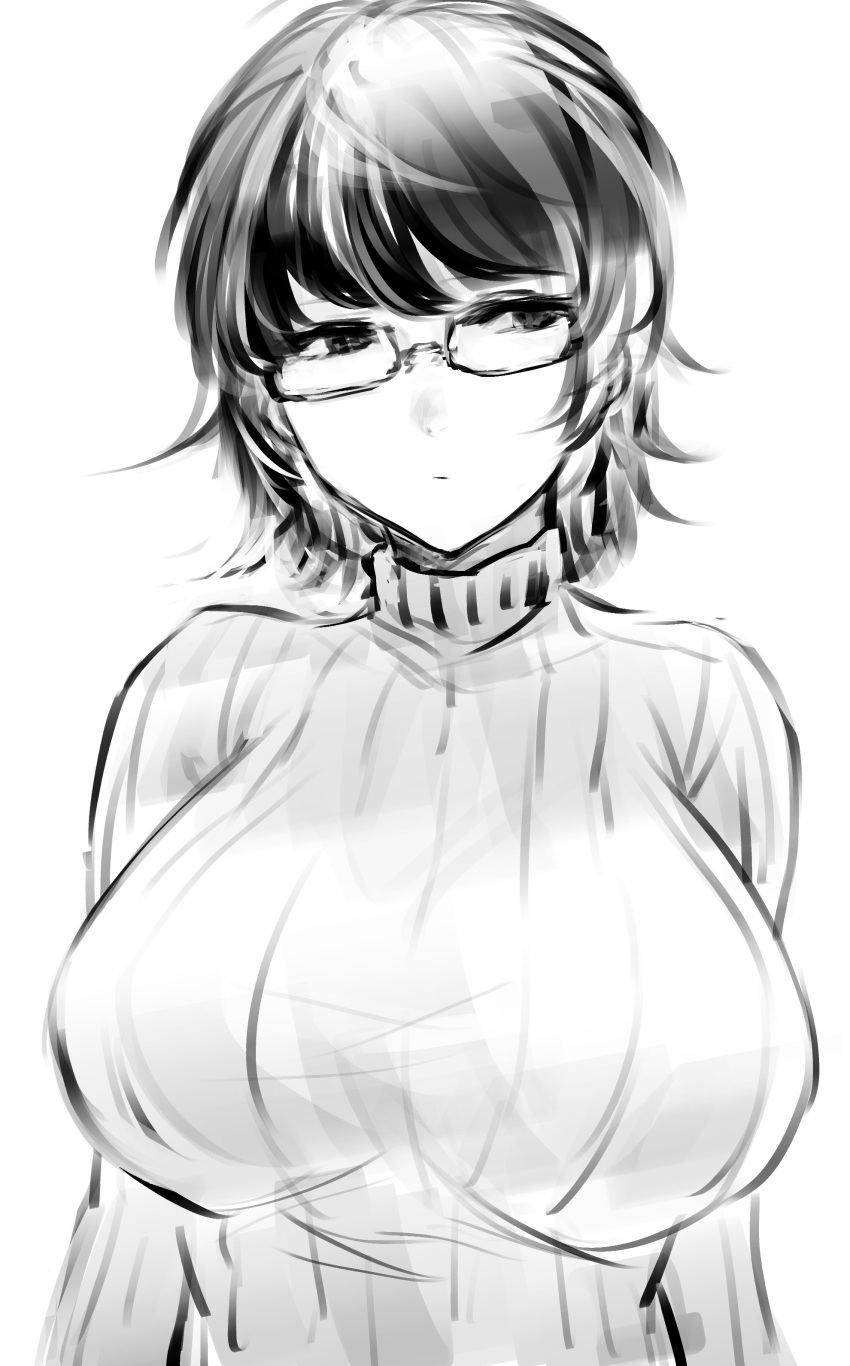 1girl absurdres breasts closed_mouth glasses head_tilt highres hometa huge_breasts long_sleeves looking_away original ribbed_sweater short_hair sketch solo sweater