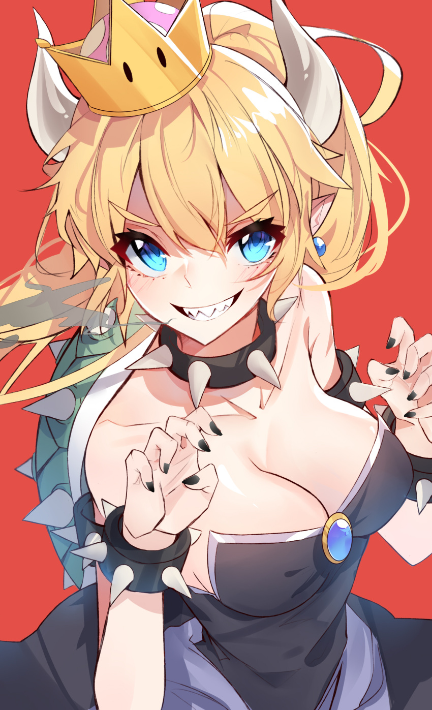1girl absurdres armlet bangs bare_shoulders black_collar black_dress black_nails blonde_hair blue_eyes bowsette bracelet breasts brooch cleavage collar collarbone commentary_request crown dress earrings eyebrows_visible_through_hair fingernails hands_up highres horns jewelry large_breasts long_hair looking_at_viewer super_mario_bros. nail_polish new_super_mario_bros._u_deluxe nintendo paw_pose pointy_ears ponytail red_background sharp_fingernails sharp_teeth shell sidelocks simple_background smoke solo spiked_bracelet spiked_collar spiked_shell spikes standing strapless strapless_dress super_crown teeth turtle_shell yanggang