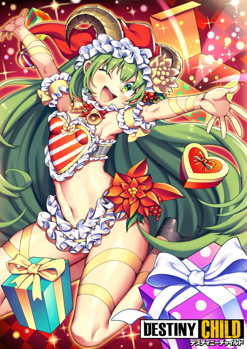 1girl bell blush bow breasts character_request copyright_name destiny_child eyebrows_visible_through_hair gift green_eyes green_hair high_heels highres horns iroyopon kneeling long_hair looking_at_viewer navel one_eye_closed open_mouth ribbon small_breasts smile solo very_long_hair yellow_ribbon