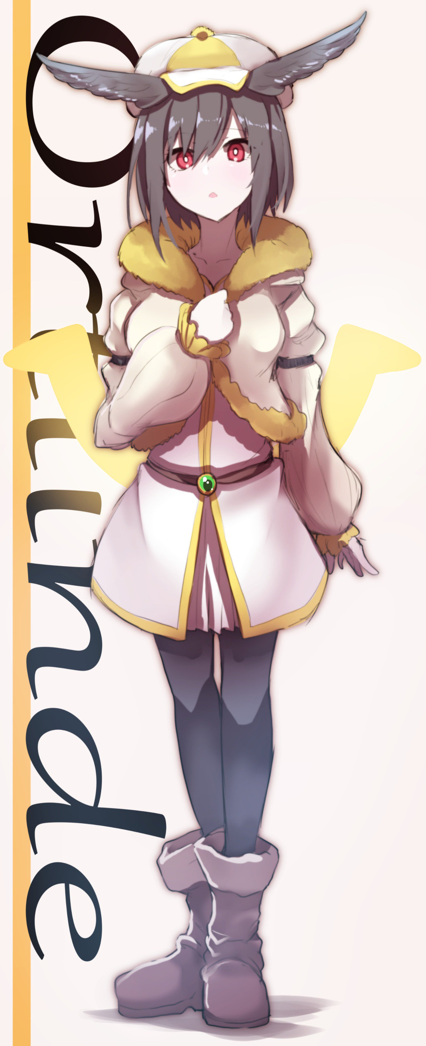 1girl absurdres beige_jacket black_hair black_legwear black_wings breasts brown_background brown_footwear cabbie_hat character_name collarbone commentary_request dress fate/grand_order fate_(series) feathered_wings full_body fur-trimmed_boots fur-trimmed_hood fur-trimmed_jacket fur_trim hand_up hat head_wings highres hood hood_down hooded_jacket jacket juliet_sleeves long_sleeves looking_at_viewer ortlinde_(fate/grand_order) pantyhose puffy_long_sleeves puffy_sleeves red_eyes shadow short_hair sleeves_past_wrists small_breasts solo standing valkyrie_(fate/grand_order) wada_kazu white_dress white_hat wings