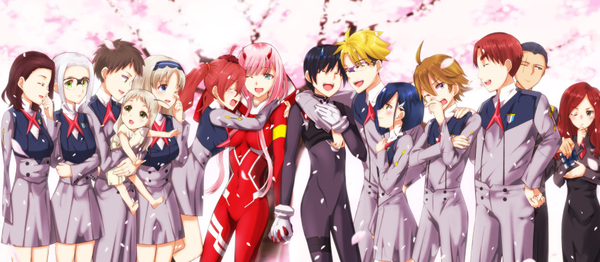 6+boys 6+girls absurdres ahoge ai_(darling_in_the_franxx) arm_around_neck bangs black_bodysuit black_hair black_pants blonde_hair blue_eyes blue_horns bodysuit breasts brown_hair cherry_blossoms child closed_eyes commentary_request couple crossed_arms crying darling_in_the_franxx dress eyebrows_visible_through_hair finger_on_nose flower futoshi_(darling_in_the_franxx) glasses gloves gorou_(darling_in_the_franxx) green_eyes grey_dress grey_shirt grey_shorts hachi_(darling_in_the_franxx) hair_ornament hairband hairclip hand_holding hand_on_another's_arm hand_on_another's_shoulder hand_on_own_arm hand_on_own_chest hand_on_own_chin hand_on_own_face hand_on_own_wrist hand_up hetero high_ponytail highres hiro_(darling_in_the_franxx) holding holding_scarf horns hug ichigo_(darling_in_the_franxx) ikuno_(darling_in_the_franxx) interlocked_fingers kokoro_(darling_in_the_franxx) leg_up light_brown_hair long_hair long_sleeves looking_at_another mar0maru medium_breasts miku_(darling_in_the_franxx) military military_uniform mitsuru_(darling_in_the_franxx) multiple_boys multiple_girls nana_(darling_in_the_franxx) naomi_(darling_in_the_franxx) necktie one_eye_closed oni_horns pants petals pilot_suit pink_hair ponytail purple_hairband red_bodysuit red_gloves red_horns red_neckwear redhead scar scar_across_eye scarf shirt short_hair shorts small_breasts tears thick_eyebrows thighs twintails uniform violet_eyes white_dress white_gloves white_hair yellow_eyes zero_two_(darling_in_the_franxx) zorome_(darling_in_the_franxx)