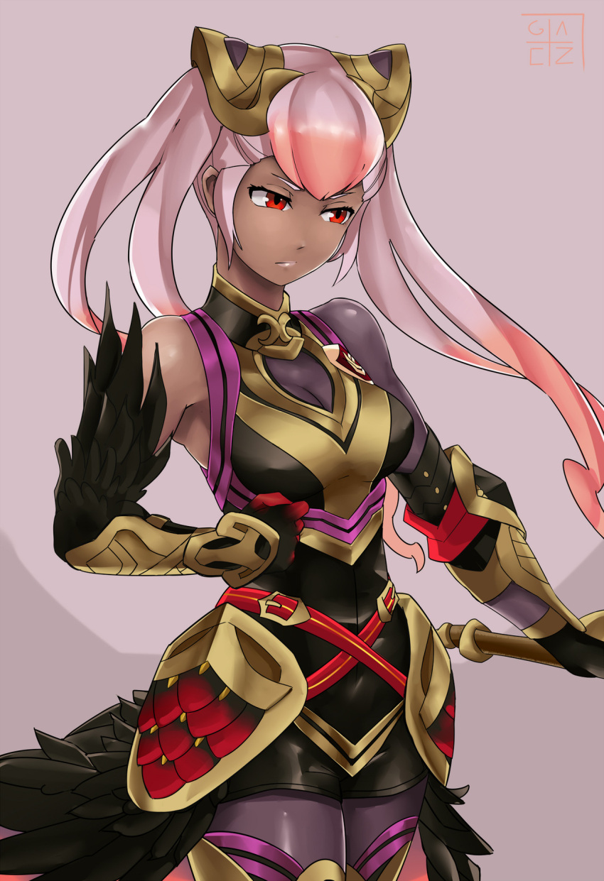 1girl belt breasts cleavage closed_mouth dark_skin feather_trim fire_emblem fire_emblem_heroes gauntlets geazs gloves gradient_hair hair_ornament highres laevateinn_(fire_emblem_heroes) long_hair medium_breasts multicolored_hair nintendo pink_hair red_eyes simple_background solo twintails