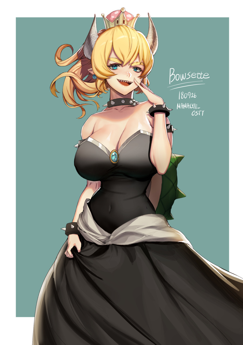 1girl absurdres artist_name bare_shoulders black_dress blonde_hair blue_eyes bowsette bracelet breasts character_name cleavage collar collarbone covered_navel dated dress earrings hand_on_own_cheek highres horns jewelry large_breasts super_mario_bros. new_super_mario_bros._u_deluxe nintendo open_mouth osuti pointy_ears ponytail sharp_teeth shell skirt_hold smile solo spiked_armlet spiked_bracelet spiked_collar spikes strapless strapless_dress super_crown teeth thick_eyebrows