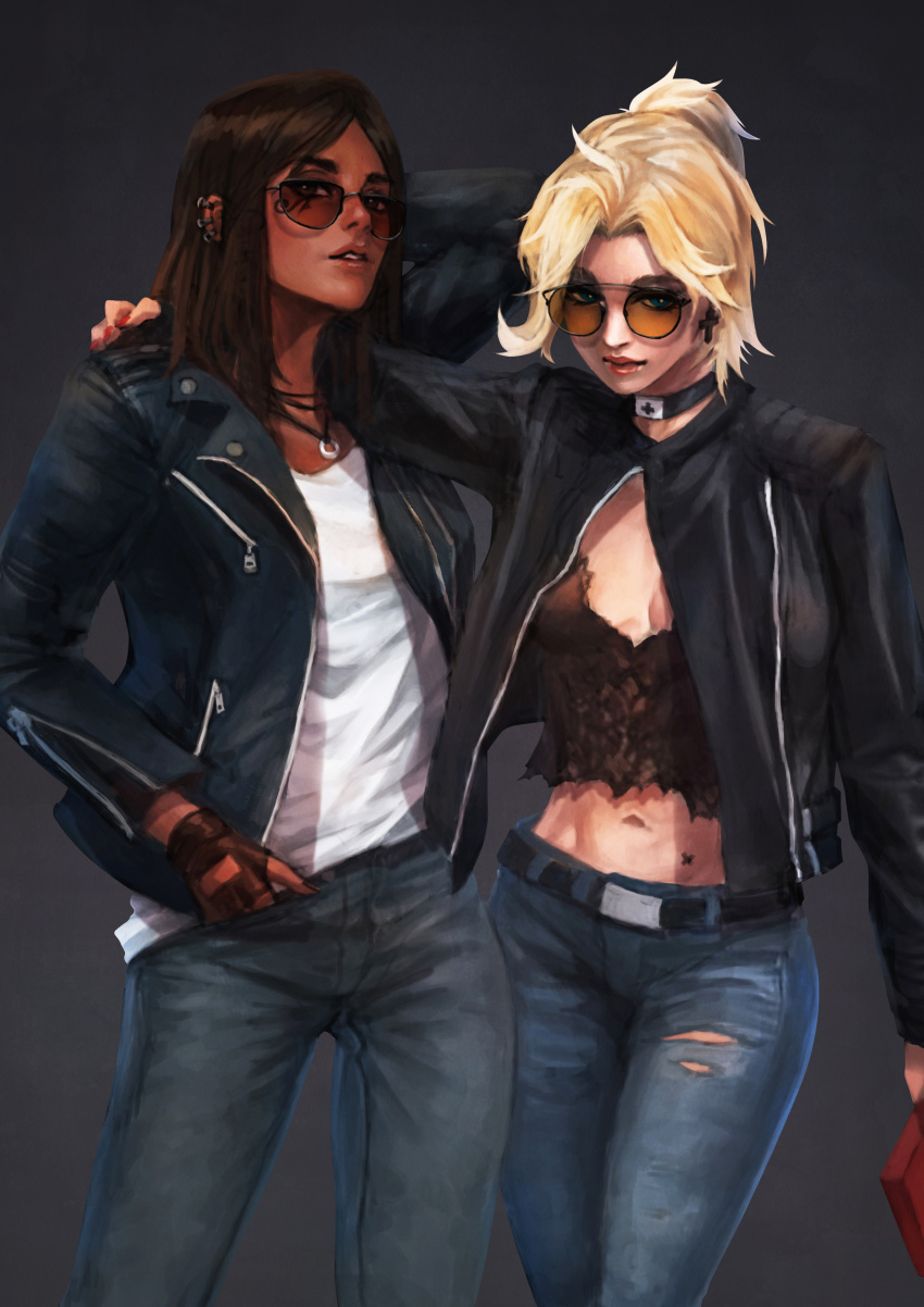 2girls absurdres arm_around_shoulder blonde_hair blue_eyes breasts brown_hair casual choker commentary crop_top dark_skin denim ear_piercing english_commentary eye_of_horus facial_tattoo grey_background hand_in_pocket highres jacket jeans jewelry leather leather_jacket lips looking_at_viewer medium_breasts medium_hair mercy_(overwatch) monori_rogue multiple_girls navel nose open_clothes open_jacket overwatch pants pendant pharah_(overwatch) piercing ponytail ray-ban ring sunglasses tattoo zipper