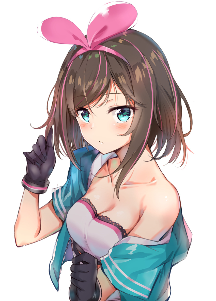 1girl a.i._channel absurdres alternate_hair_length alternate_hairstyle bangs bare_shoulders blue_eyes blush breasts brown_hair cleavage collarbone commentary eyebrows_visible_through_hair gloves hair_twirling hairband highres kizuna_ai looking_at_viewer medium_breasts multicolored_hair off_shoulder pink_hair shirt short_hair short_sleeves simple_background solo streaked_hair sunhyun swept_bangs upper_body virtual_youtuber white_background