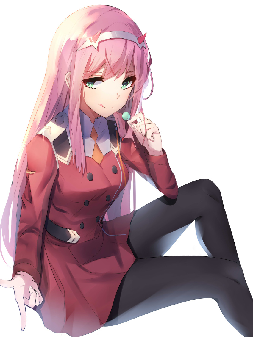 1girl absurdres black_legwear breasts candy commentary cropped_legs darling_in_the_franxx dress eyebrows_visible_through_hair food green_eyes hairband hand_up highres holding_lollipop horns invisible_chair lollipop long_hair medium_breasts military military_uniform oni_horns orange_neckwear pantyhose pink_hair red_dress red_horns simple_background sitting smile solo tongue tongue_out uniform white_background white_hairband yanggang zero_two_(darling_in_the_franxx)
