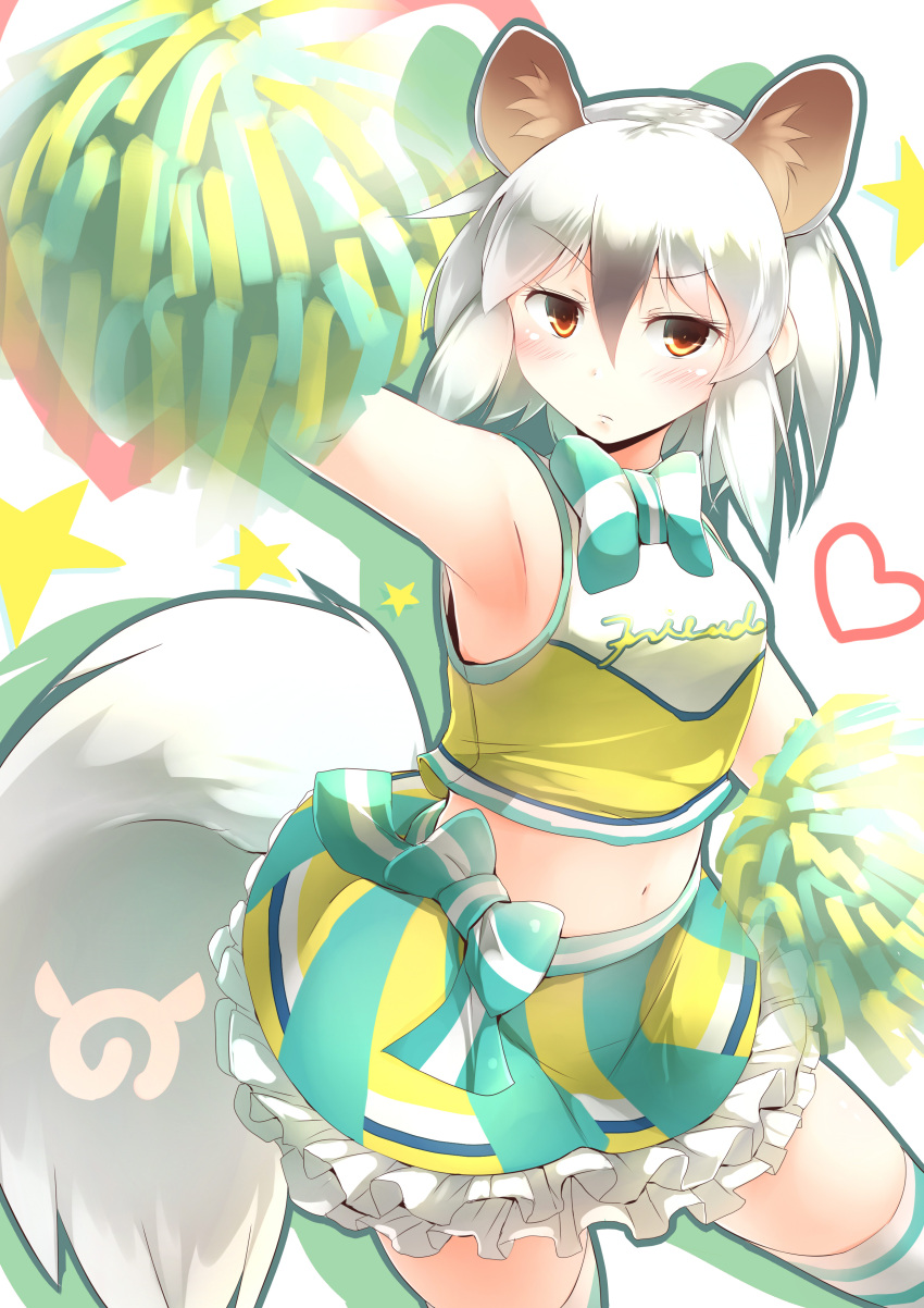 1girl absurdres animal_ears arm_up armpits bow cheerleader clothes_writing extra_ears eyebrows_visible_through_hair frilled_skirt frills frown hair_between_eyes heart highres japari_symbol kanzakietc kemono_friends looking_at_viewer midriff navel outline pom_poms red_eyes silver_hair skirt sleeveless solo southern_tamandua_(kemono_friends) tamandua_ears tamandua_tail thigh-highs
