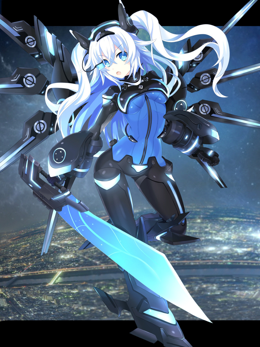 1girl absurdres armored_boots black_heart blue_eyes boots breasts eyebrows_visible_through_hair gauntlets hair_between_eyes headgear highres holding holding_weapon long_hair medium_breasts neptune_(series) next_black open_mouth ramu-on@_shinon shin_jigen_game_neptune_vii solo sword symbol-shaped_pupils visor weapon white_hair