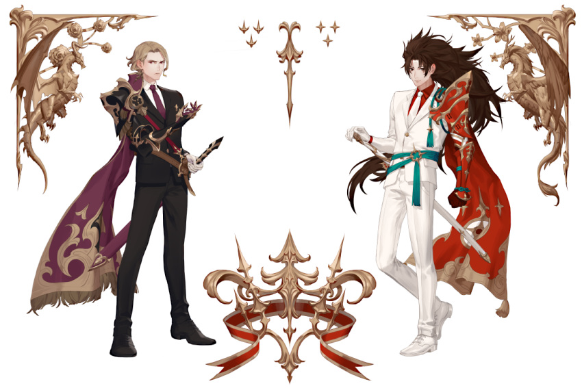 2boys blonde_hair brown_eyes brown_hair cape curly_hair european_clothes fajyobore323 fire_emblem fire_emblem_if formal long_hair looking_at_viewer marks_(fire_emblem_if) multiple_boys nintendo pauldrons red_eyes ryouma_(fire_emblem_if) smile spiky_hair suit sword weapon