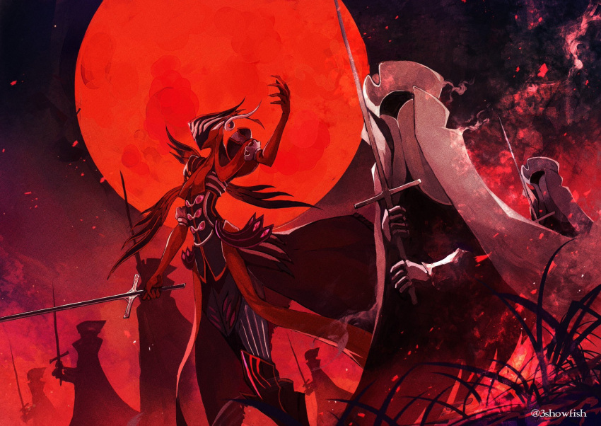 antonio_salieri_(fate/grand_order) coattails fate/grand_order fate_(series) full_moon gloves grass hand_up hat highres holding holding_sword holding_weapon mask moon night red_gloves red_moon sanshouuo smoke sword twitter_username weapon