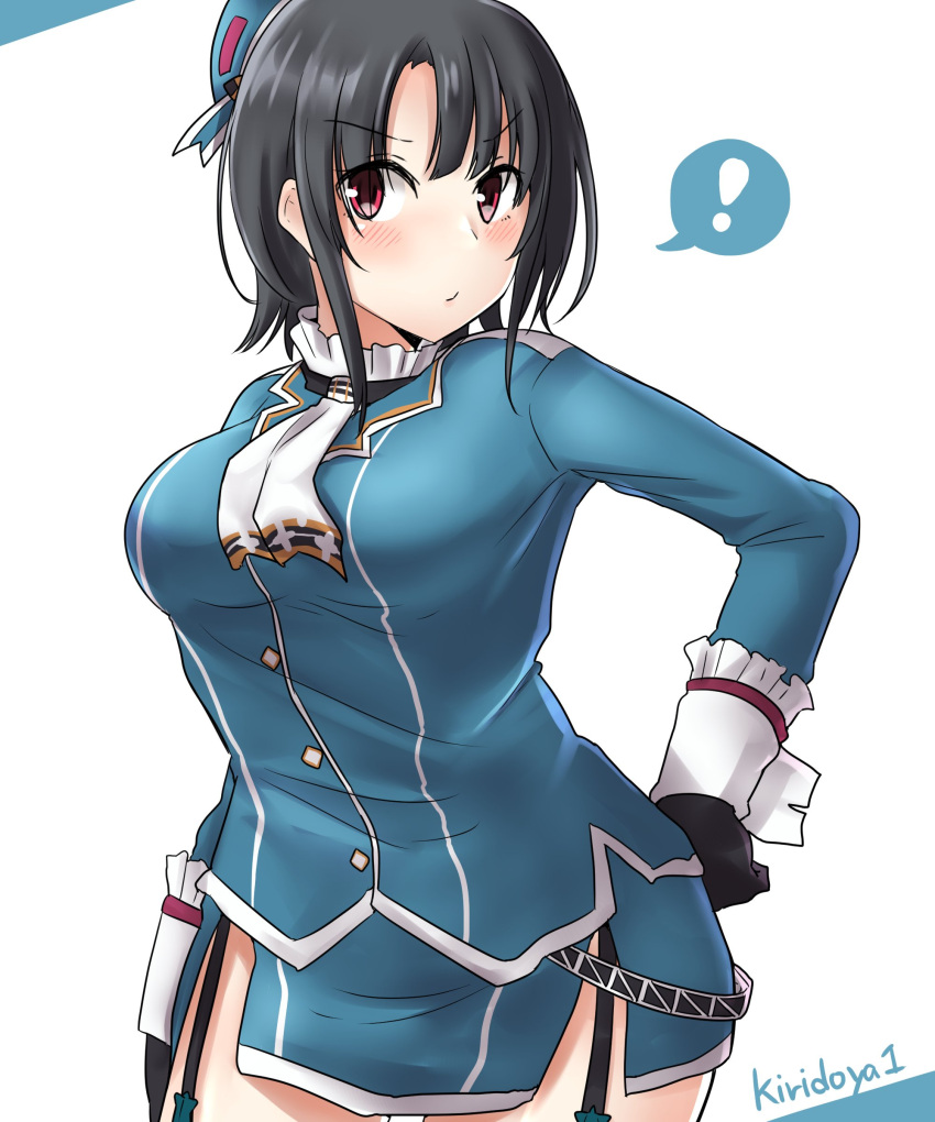 1girl ? absurdres artist_name ascot beret black_gloves black_hair blue_hat blue_jacket blue_skirt breasts epaulettes garter_straps gloves hand_on_hip hat highres jacket kantai_collection kiritto large_breasts looking_at_viewer pencil_skirt pout red_eyes short_hair sidelocks simple_background skirt solo spoken_question_mark standing takao_(kantai_collection) upper_body white_background