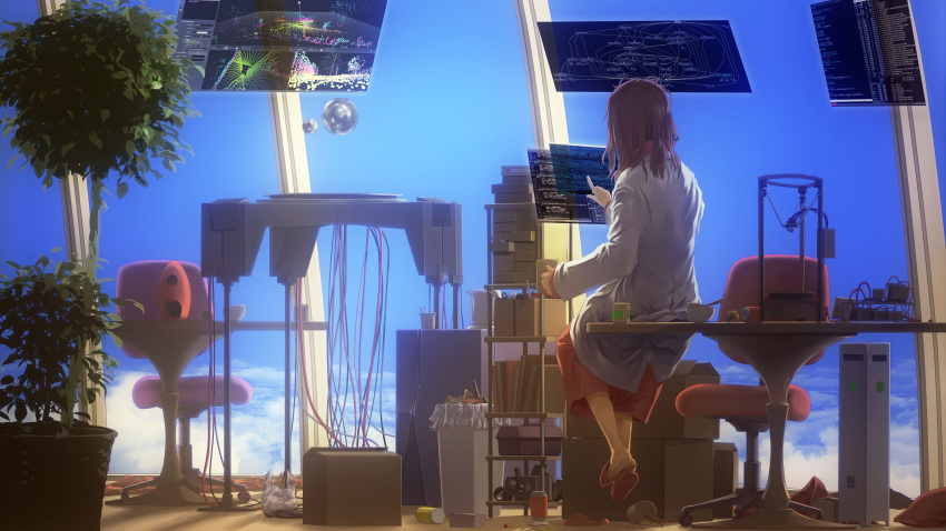 1girl absurdres brown_hair bubble clouds coffee_mug cup day desk facing_away highres holding holding_cup indoors labcoat medium_hair mug original plant potted_plant sitting slippers solo swivel_chair table totuka trash_can