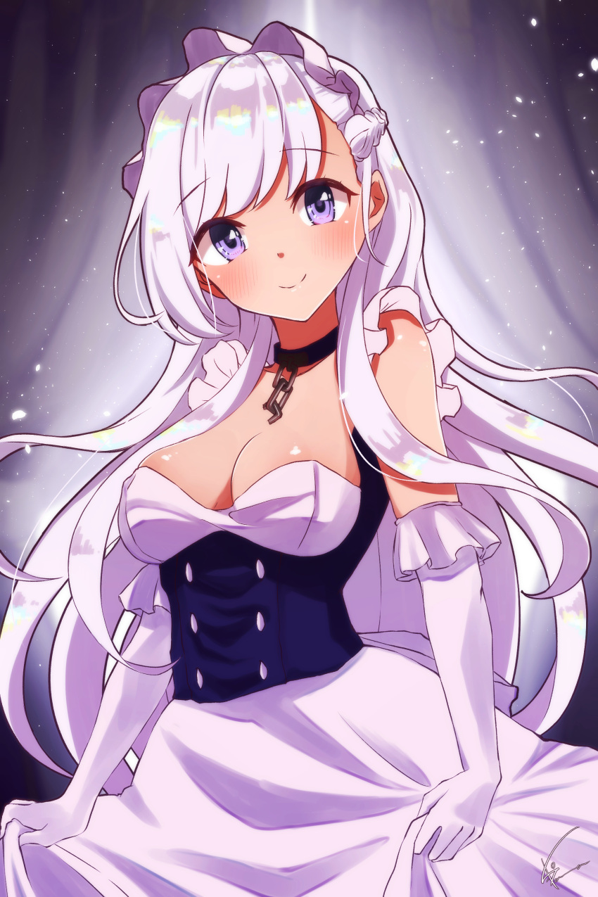 1girl absurdres azur_lane belfast_(azur_lane) blush braid breasts broken broken_chain chain chains choker cleavage collarbone commentary_request corset dress elbow_gloves eyebrows_visible_through_hair french_braid frilled_gloves frills gloves highres kodama_(koda_mat) large_breasts long_hair looking_at_viewer maid maid_headdress sidelocks signature silver_hair smile solo violet_eyes white_dress white_gloves