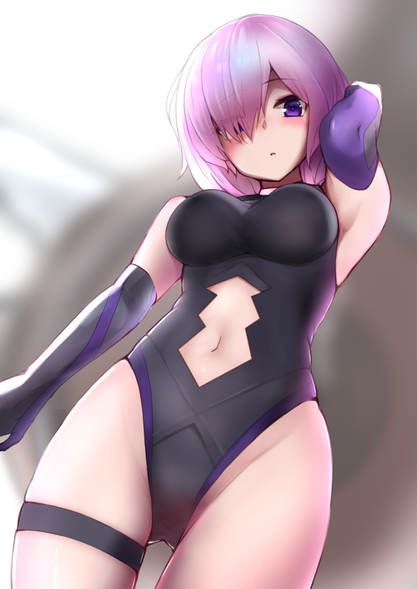 1girl armpits azu_ankoowl bangs black_leotard blush cowboy_shot elbow_gloves eyebrows_visible_through_hair eyes_visible_through_hair fate/grand_order fate_(series) from_below gloves hair_between_eyes hair_over_one_eye highleg highleg_leotard highres leotard looking_at_viewer mash_kyrielight midriff navel parted_lips pink_hair shiny shiny_hair short_hair solo stomach stomach_cutout thigh_gap thigh_strap