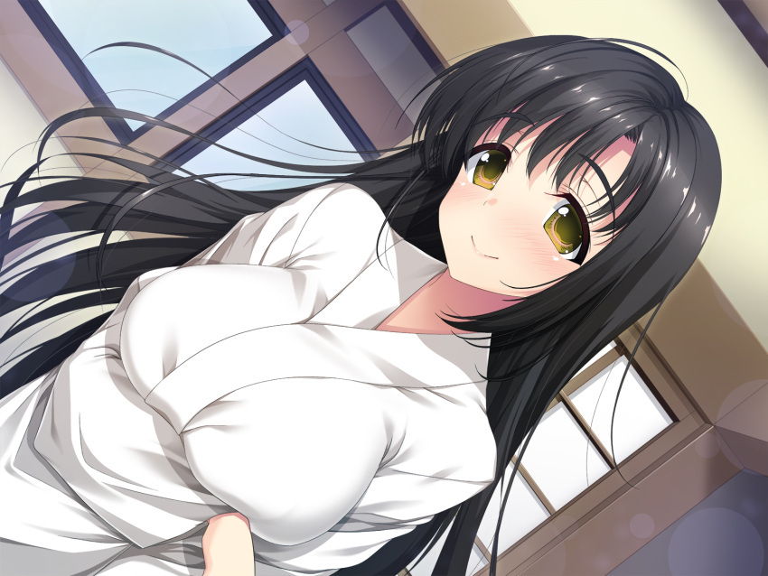 1girl black_hair blush breast_hold breasts brown_eyes closed_mouth eyebrows_visible_through_hair highres indoors large_breasts lens_flare long_hair looking_at_viewer original psd_available smile solo upper_body very_long_hair yu-ta