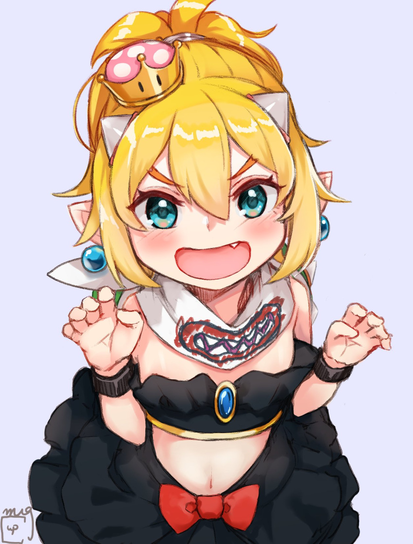 1girl :d black_skirt blonde_hair blue_eyes blush bow bowsette_jr. claw_pose commentary earrings fang grey_background hair_between_eyes highres horns jewelry looking_at_viewer super_mario_bros. midriff mugcup navel new_super_mario_bros._u_deluxe nintendo open_mouth pointy_ears ponytail red_bow signature simple_background skirt smile solo super_crown v-shaped_eyebrows wristband